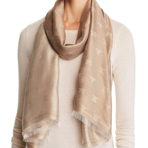 MaxMara Accessories - MAX MARA logo monogram oversized wool and silk fringe women's scarf wrap - Tan